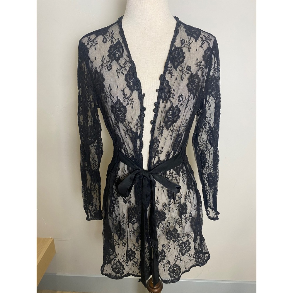 Vintage Cinema Etoile Black Floral Lace Sheer Robe 90s Satin Tie Whims Goth M